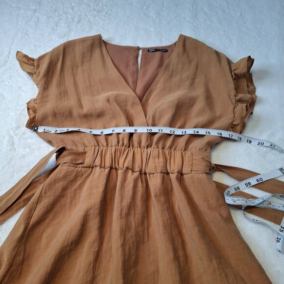 Zara Tie Waist Mini Dress Sz M Elastic Waist Safari Minimalist Neutral Boho - Picture 11 of 16